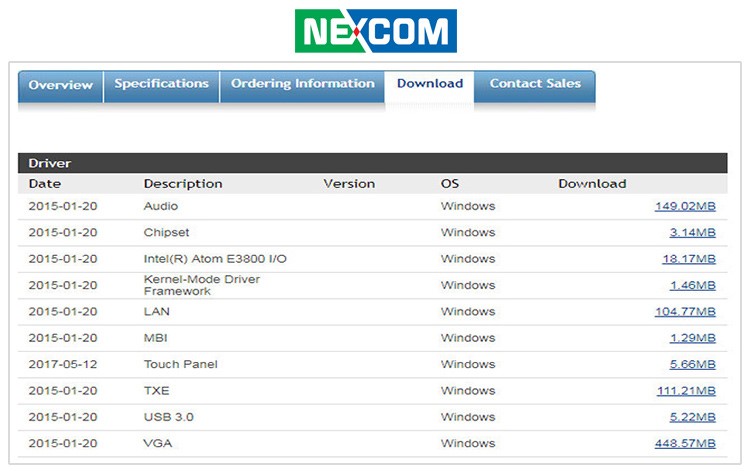 Παράδειγμα της ενότητας “Downloads” στην ιστοσελίδα της Nexcom